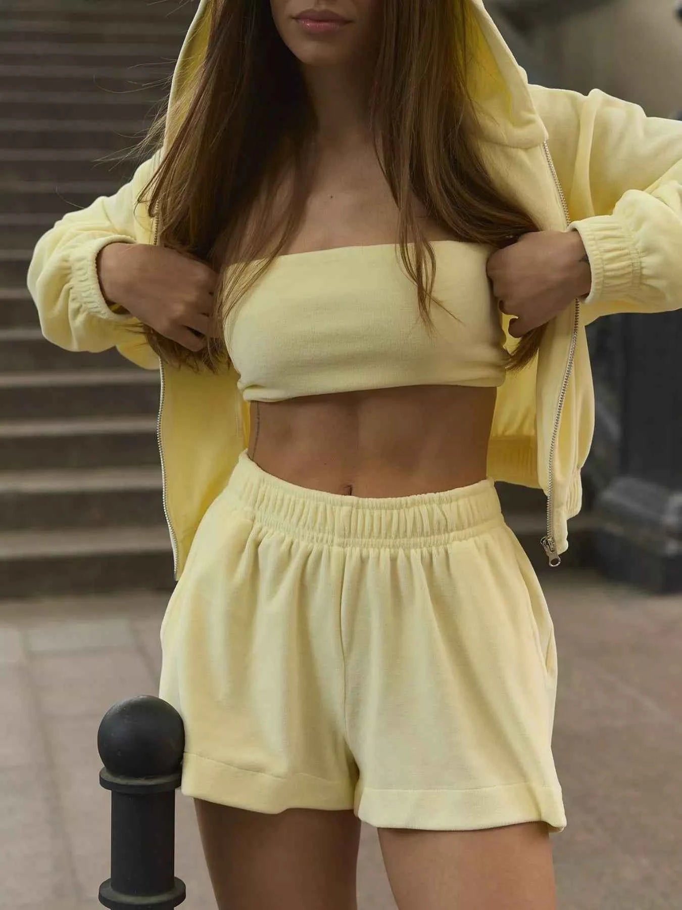 Zip Up Cropped Hoodie and Shorts Set