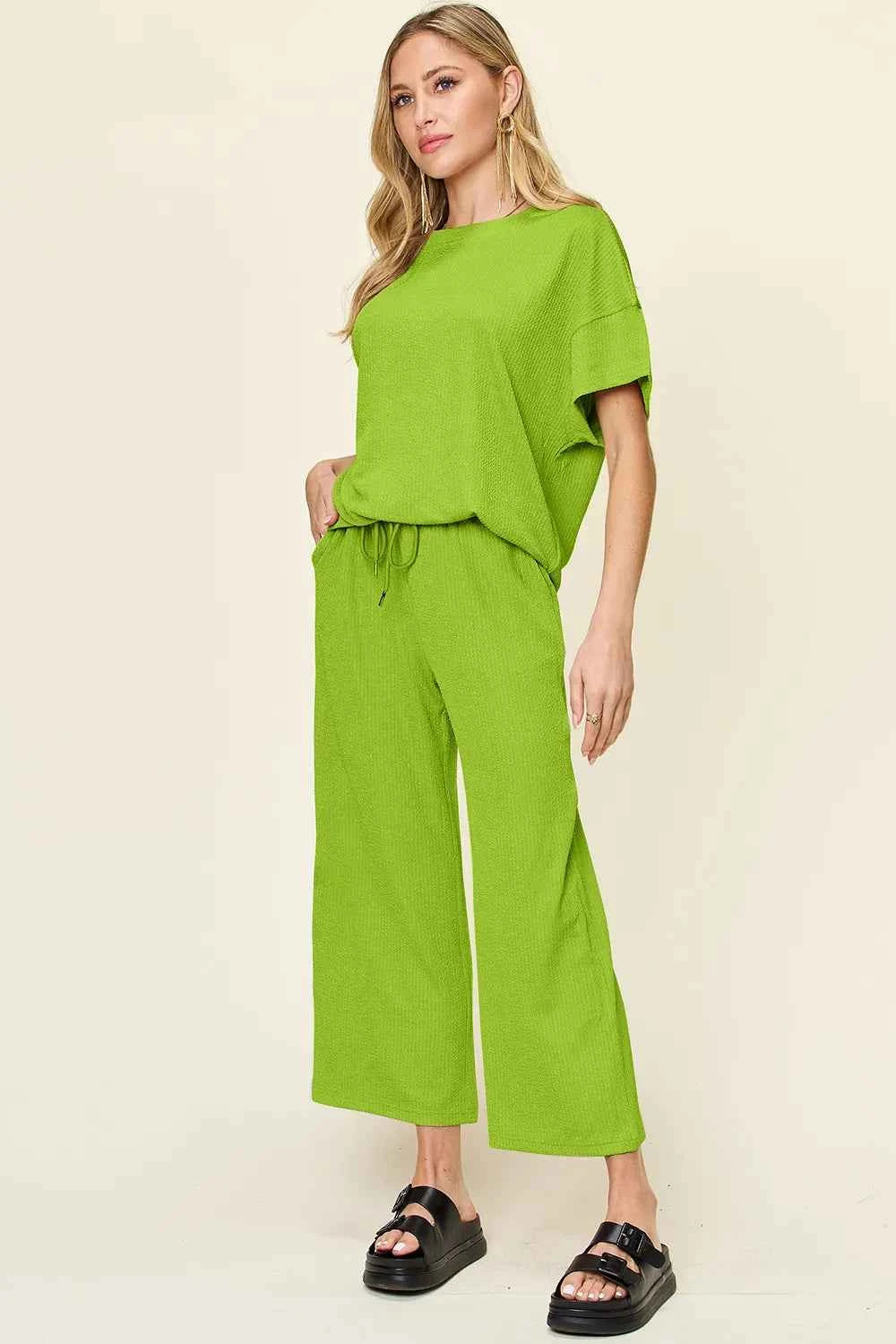 Double Take Full Size Texture Round Neck Short Sleeve T-Shirt and Wide Leg Pants