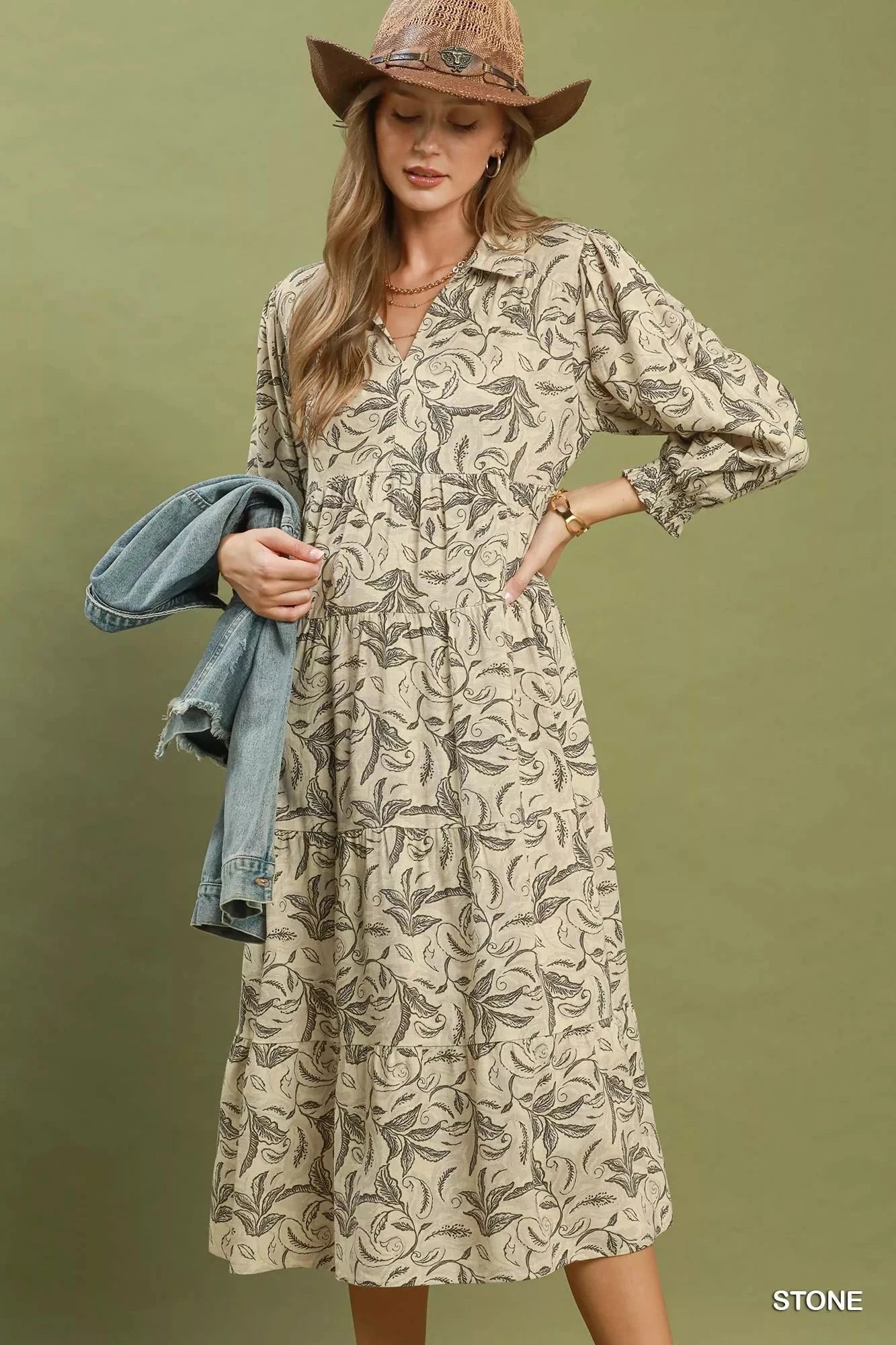Umgee Linen Botanical Print Tiered Midi Dress