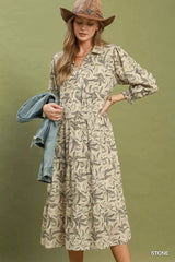 Umgee Linen Botanical Print Tiered Midi Dress