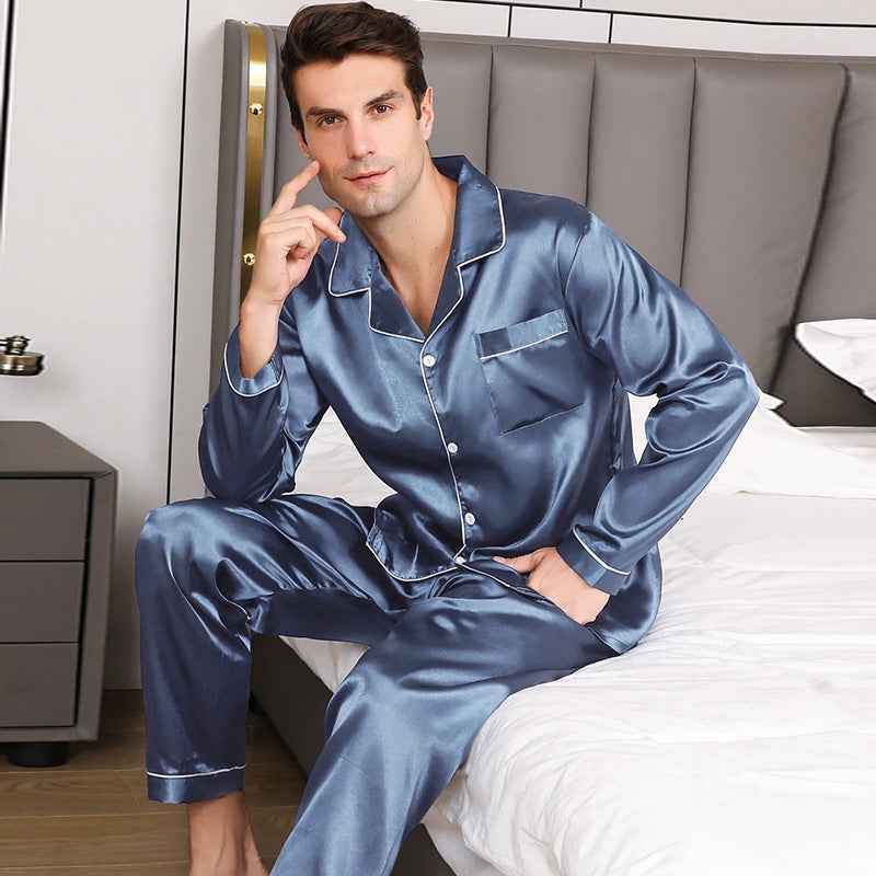 Ice Silk Men's Long Sleeve Loose Plus Size Pajamas Suit