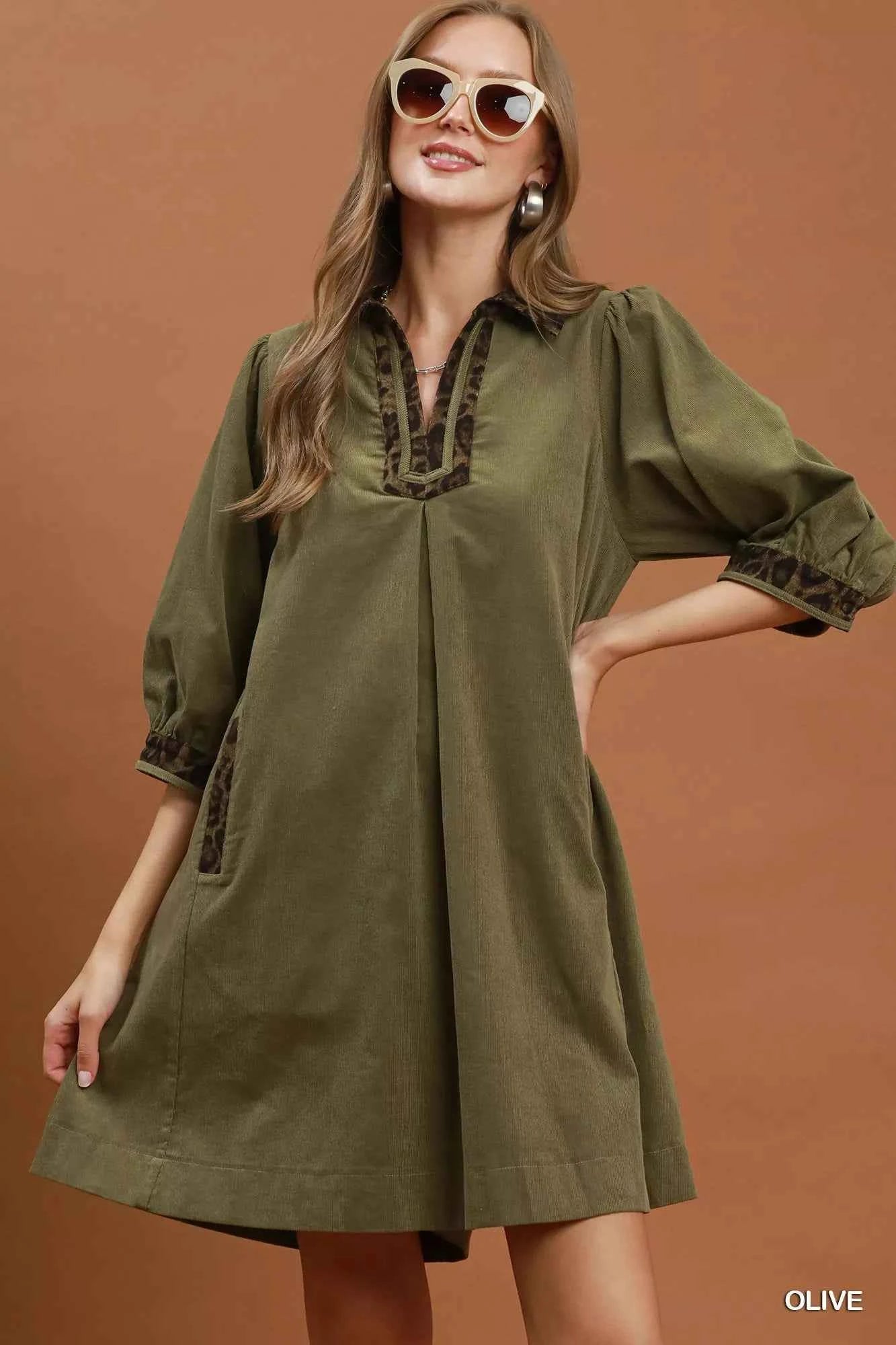 Umgee V-Neck Shift Dress with Contrast Trim