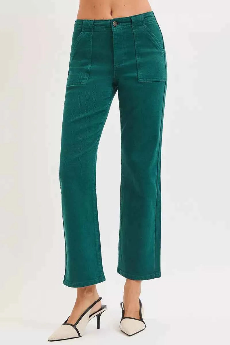 RISEN High Rise Ankle Flare Patch Pocket Jeans
