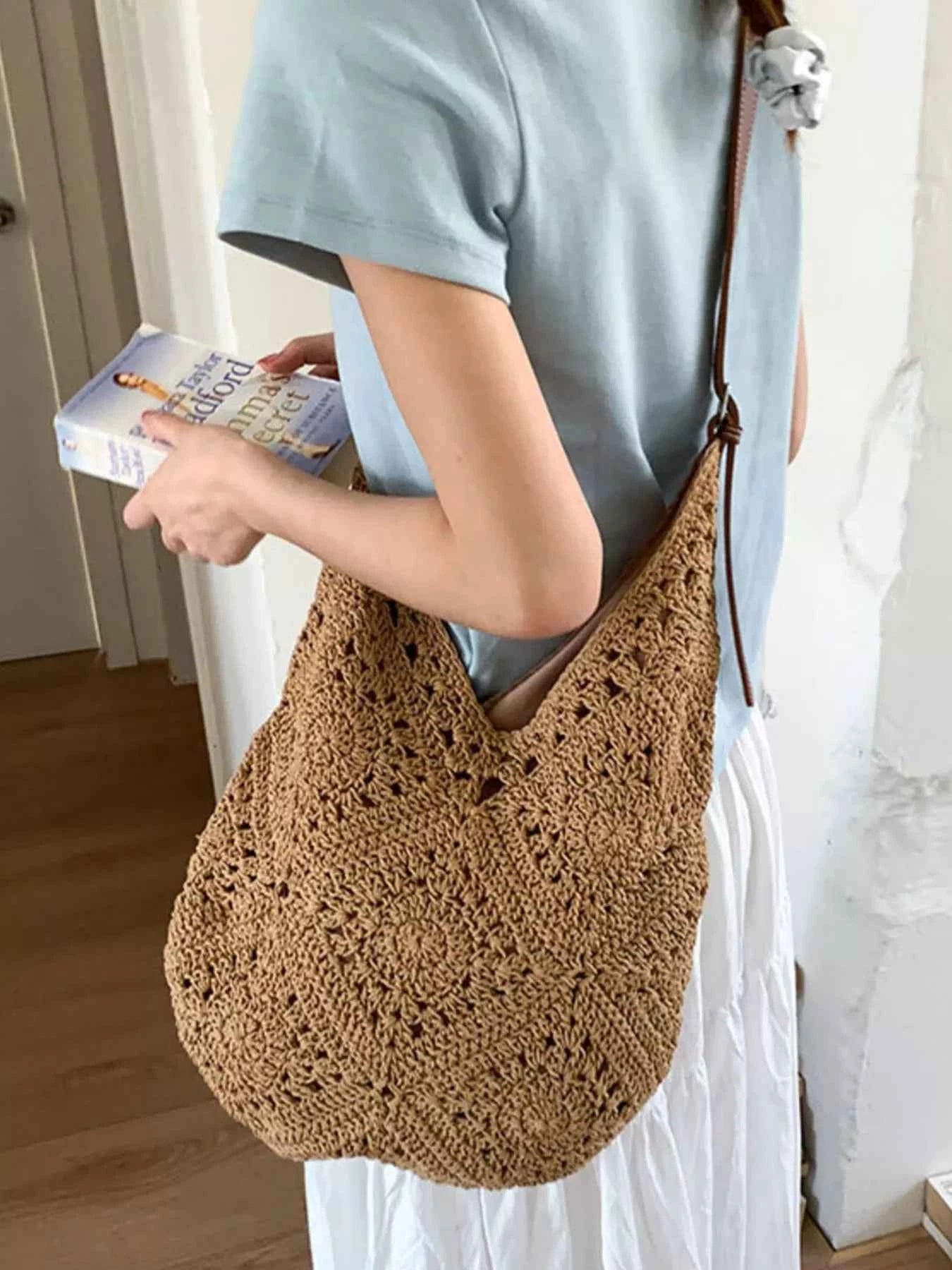 Crochet Shoulder Bag with Leather Straps