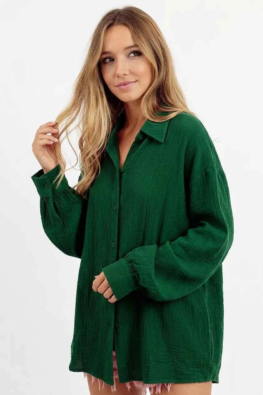 BiBi Oversized Wrinkled Gauze Button Up Shirt Top