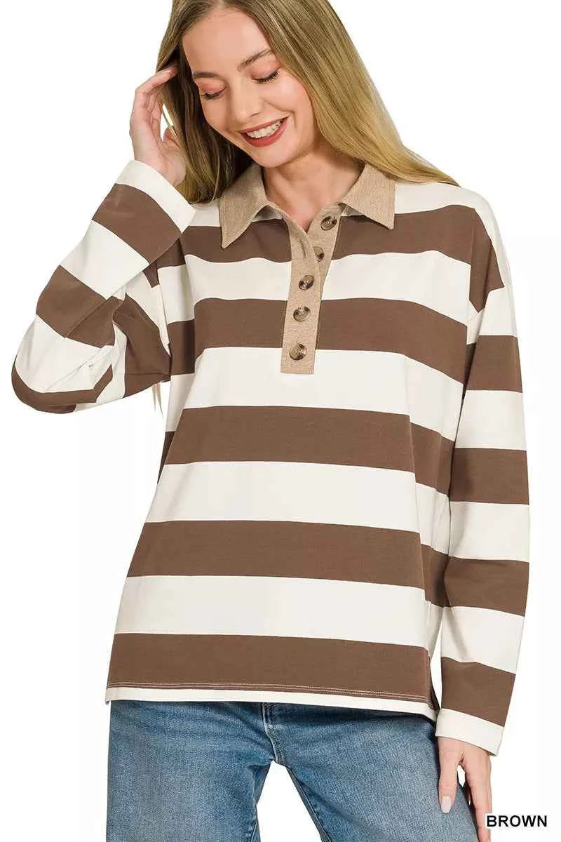 Zenana Striped Contrast Collar Polo Tee