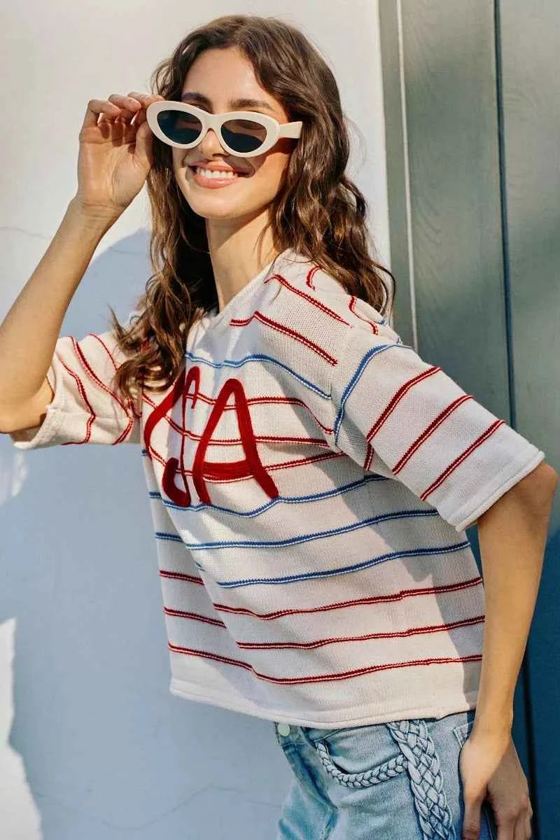 SO ME Usa Stripe Knit Short Sleeves Sweater Top