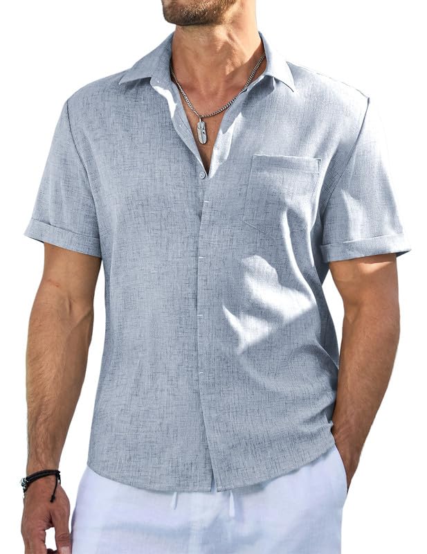 Dokotoo Men Mens Summer Shirt Solid Color Short Sleeve Button Down Shirts Casual Regular Fit Lightweight Vacation Beach Clothes with Pocket Blue XX-Large