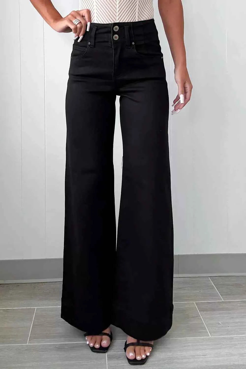 2-Button High Waist Flared Bottom Jeans