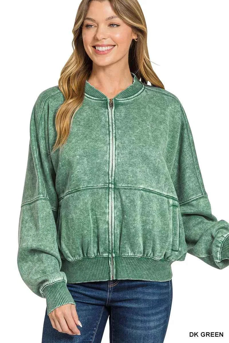 Zenana Acid Washed Fleece Jacket