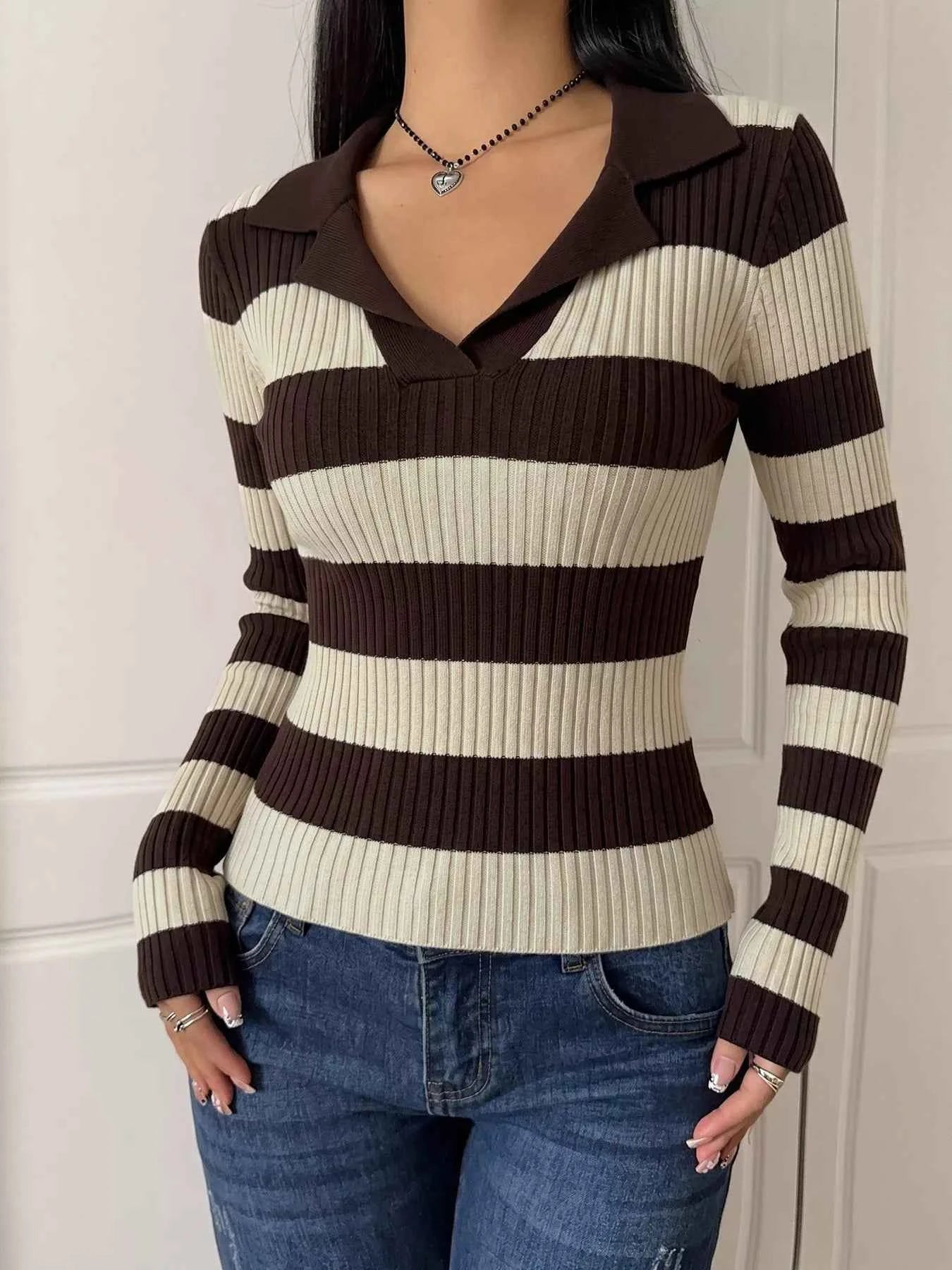 Striped Ribbed Knit Long Sleeve Sweater