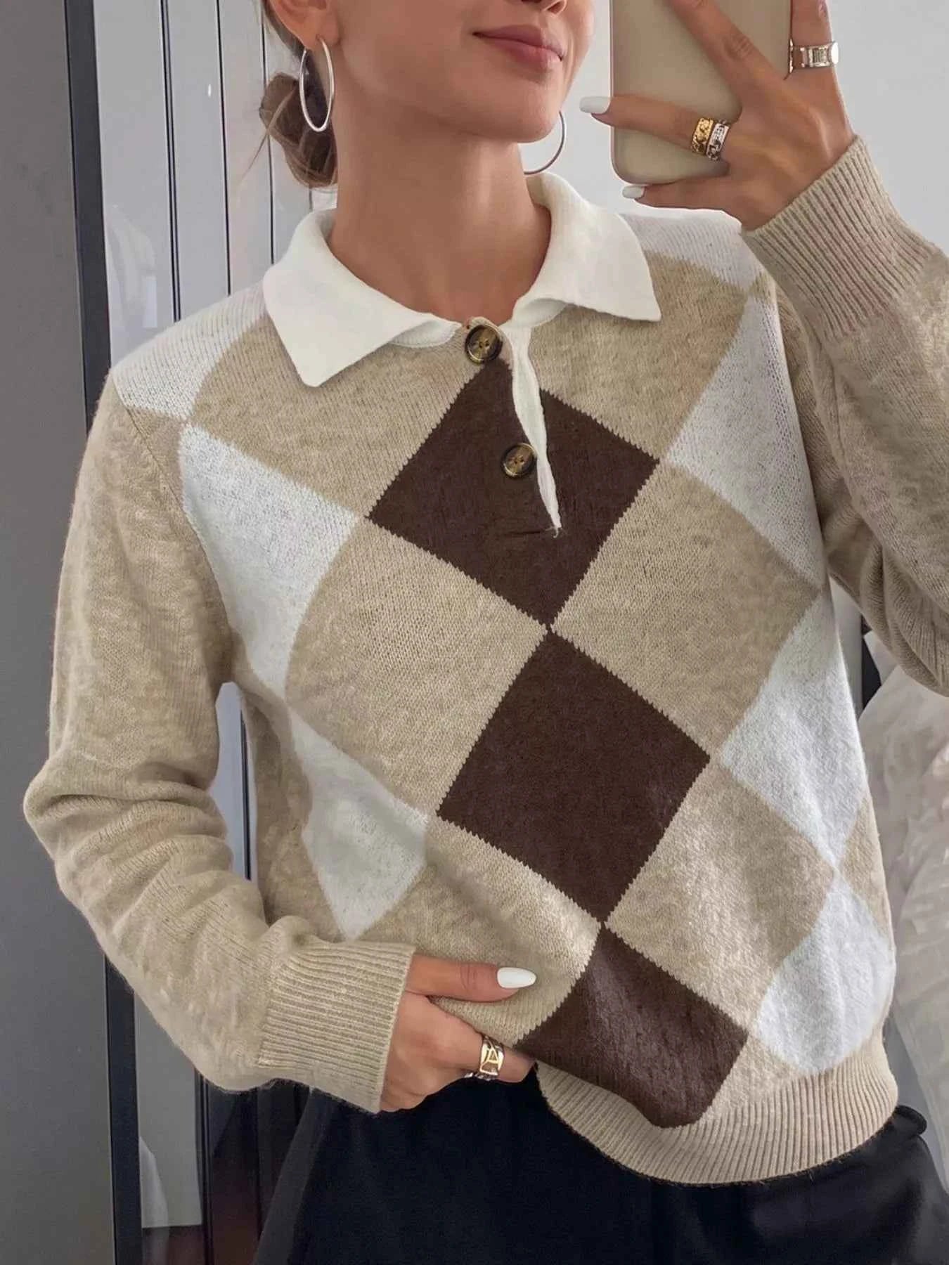 Argyle Patterned Polo Collar Sweater