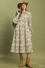 Umgee Linen Botanical Print Tiered Midi Dress