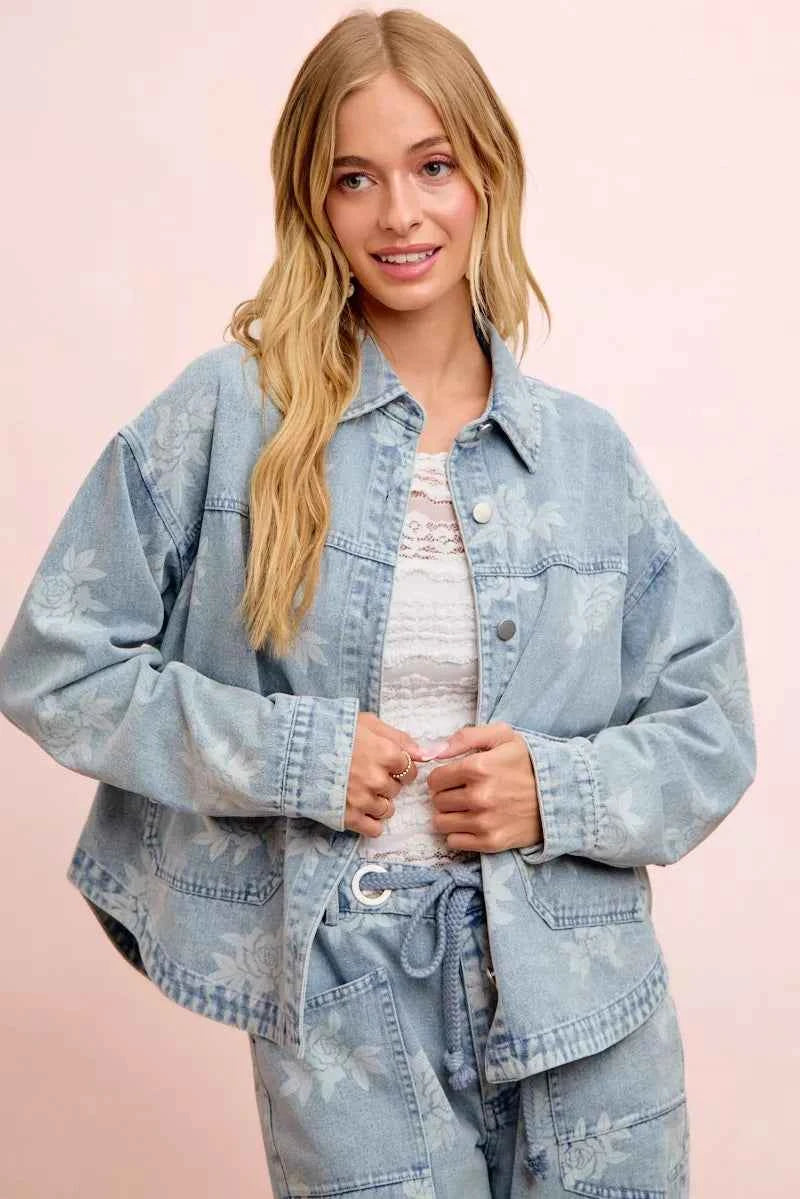 BiBi Printed Washed Denim Jacket With Pocket