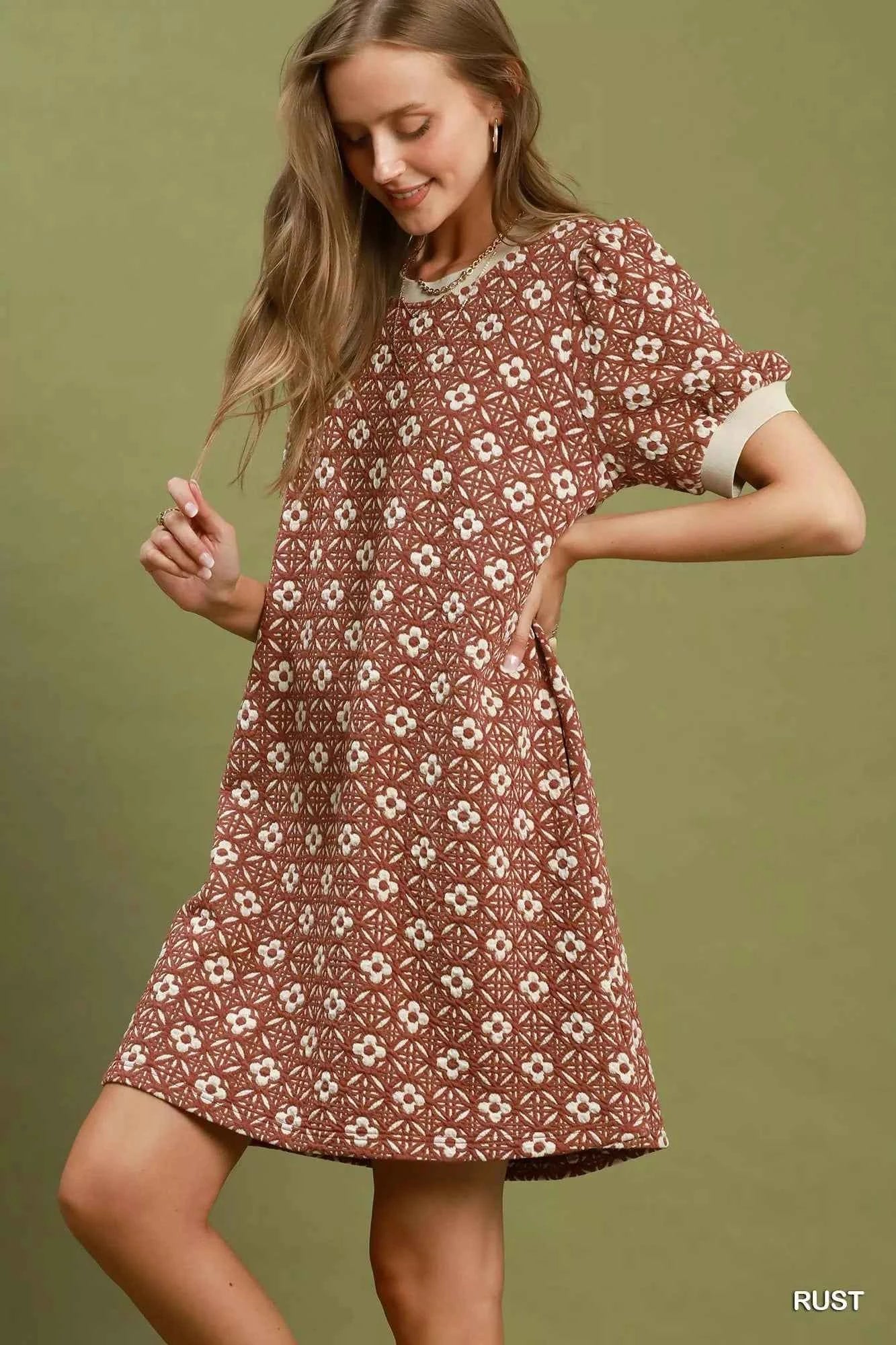 Umgee Floral Textured Puff Sleeve Mini Dress