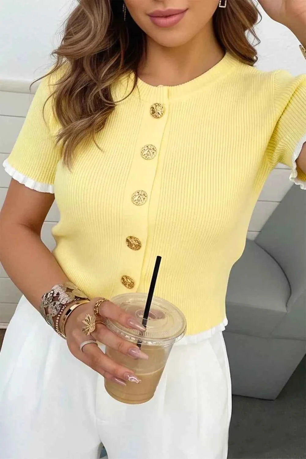 Ribbed Knit Contrast Frilled Short Sleeve Sweater Cardigan