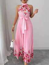 Halter Neck Floral Print Pleated Maxi Dress