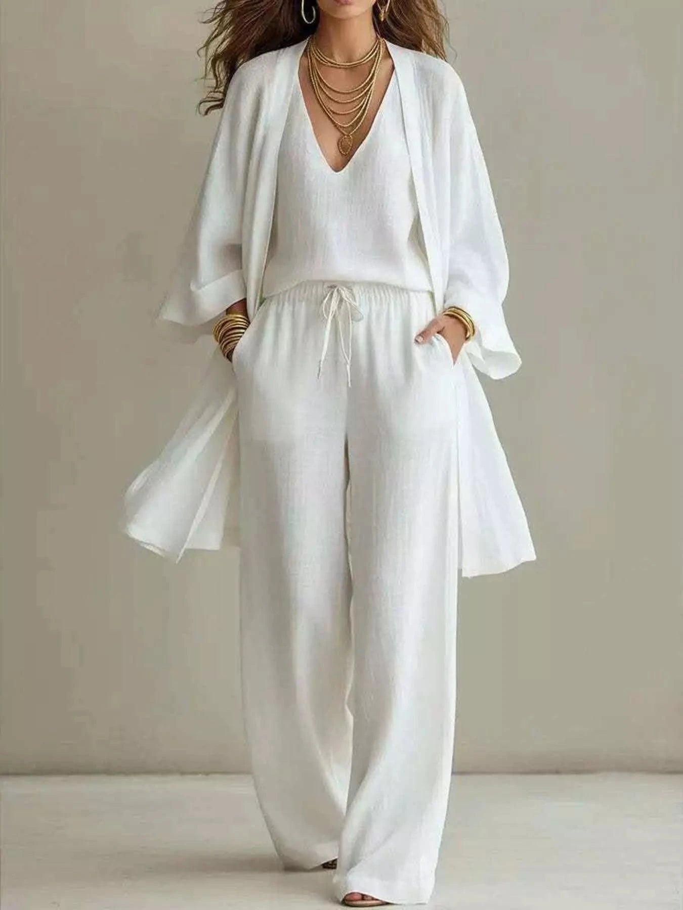 V-Neck Top & Cardigan & Pants Three-Piece Set