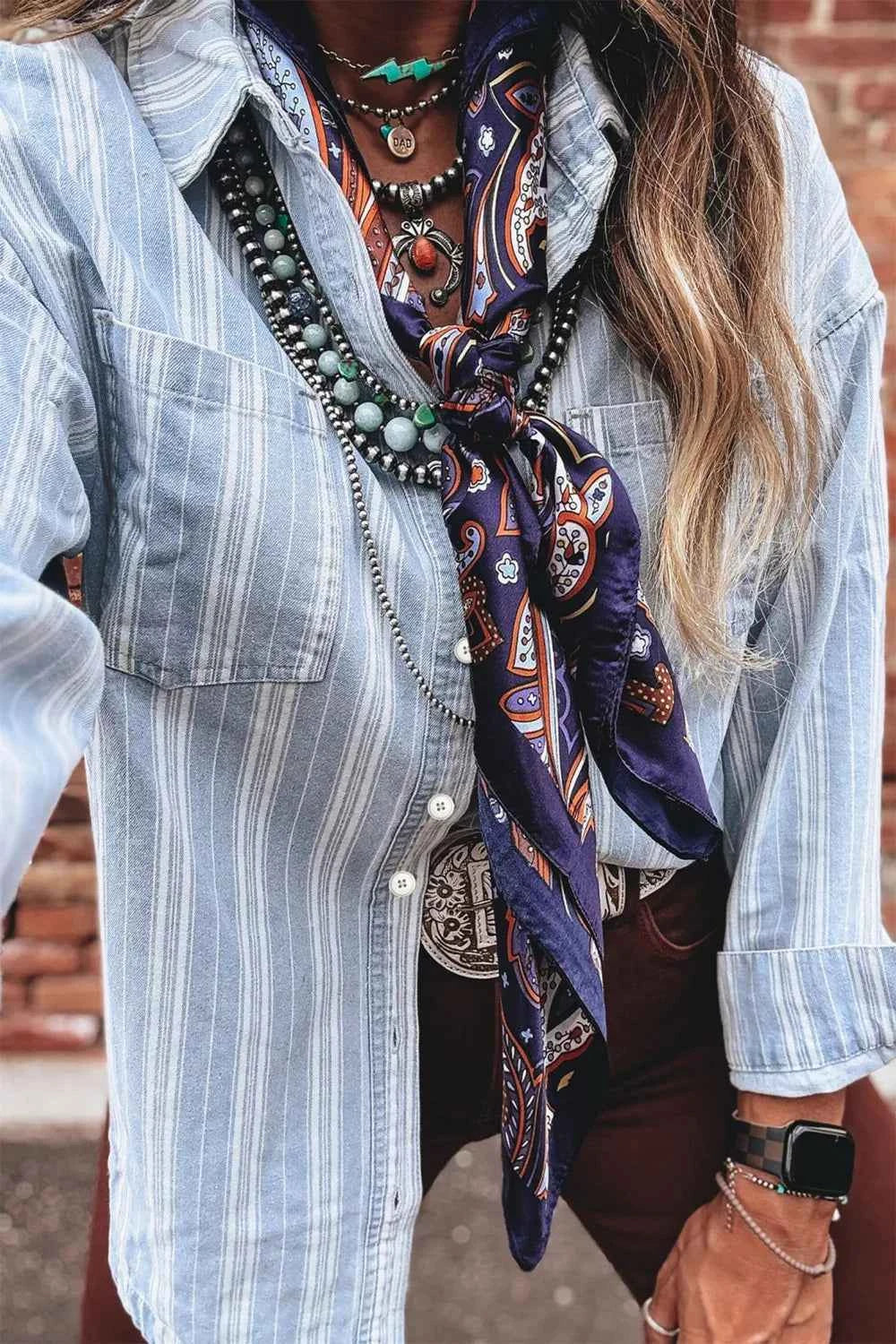 Stripe Boyfriend Chest Pocket Classic Denim Shacket