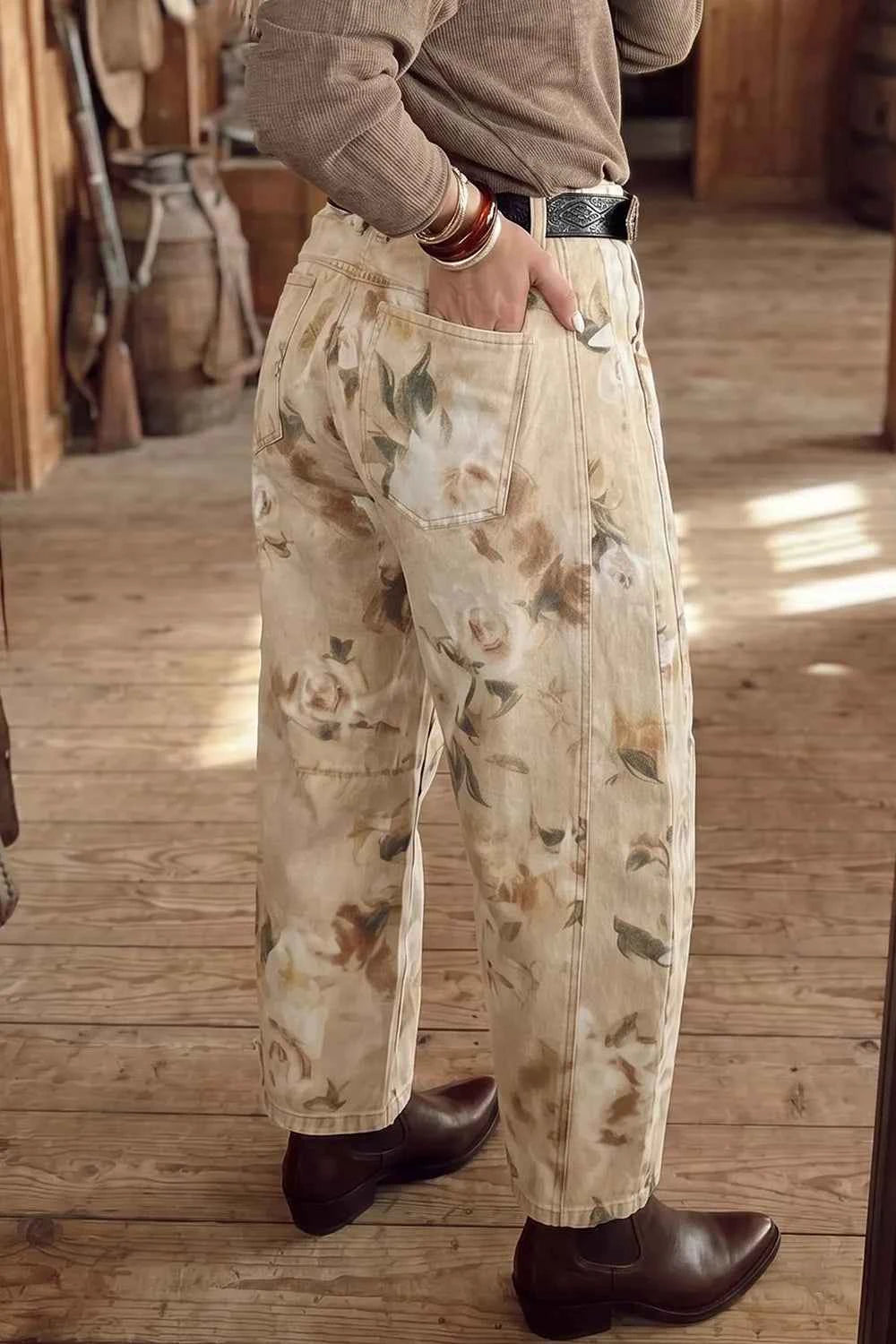 Retro Floral Print Relaxed Barrel Jeans