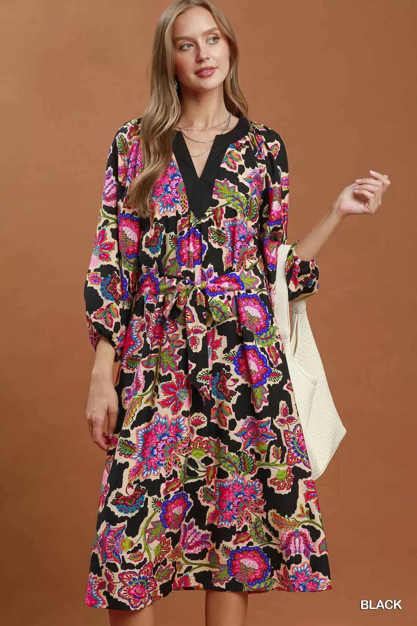 Umgee Abstract Print Embroidered Belted Midi Dress