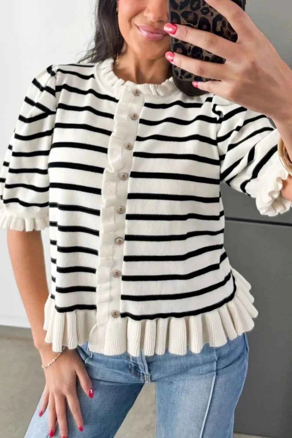 Stripe Ruffle Trim Button Down Knit Short Sleeve Sweater Cardigan