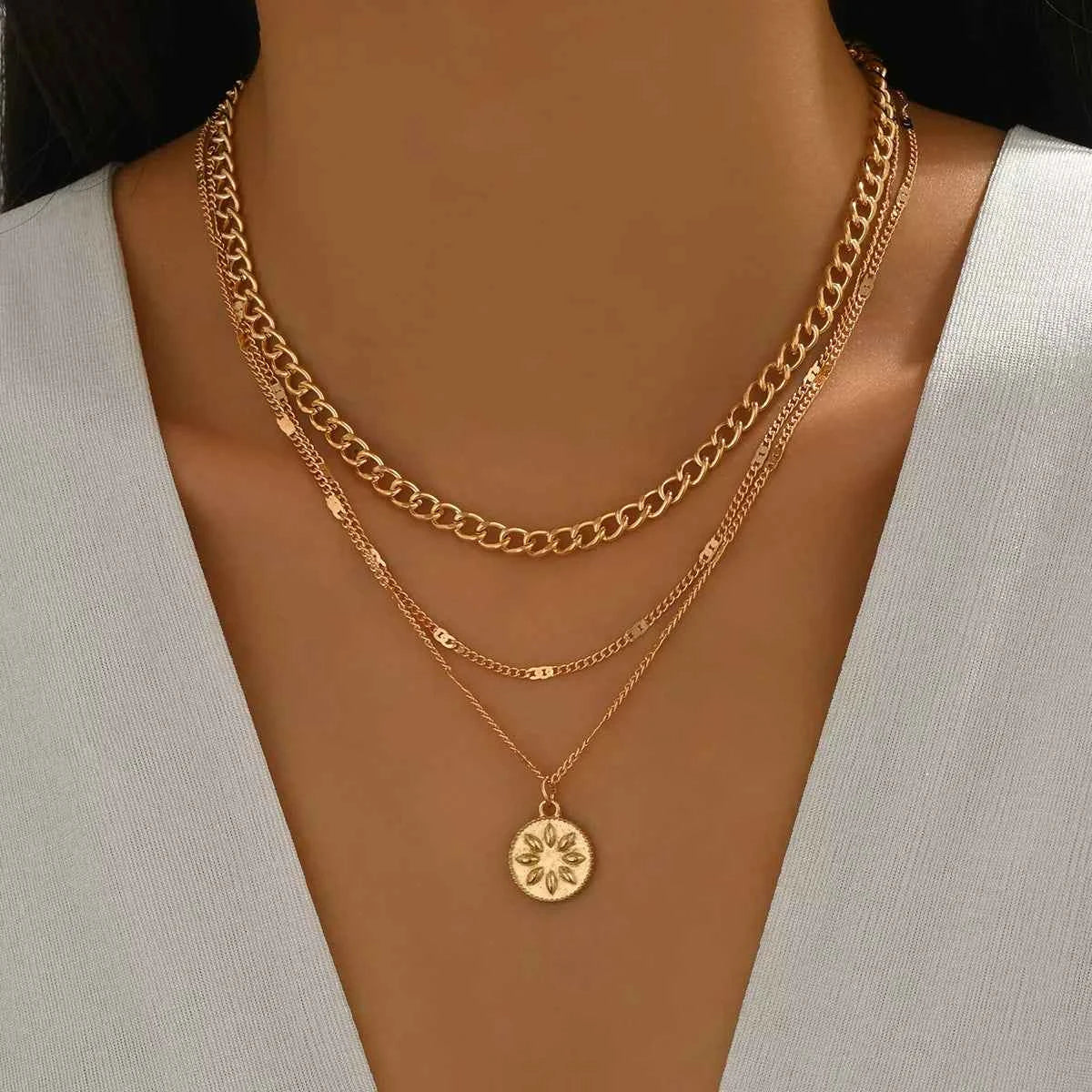 18K Gold-Plated Three Layered Pendant Necklace