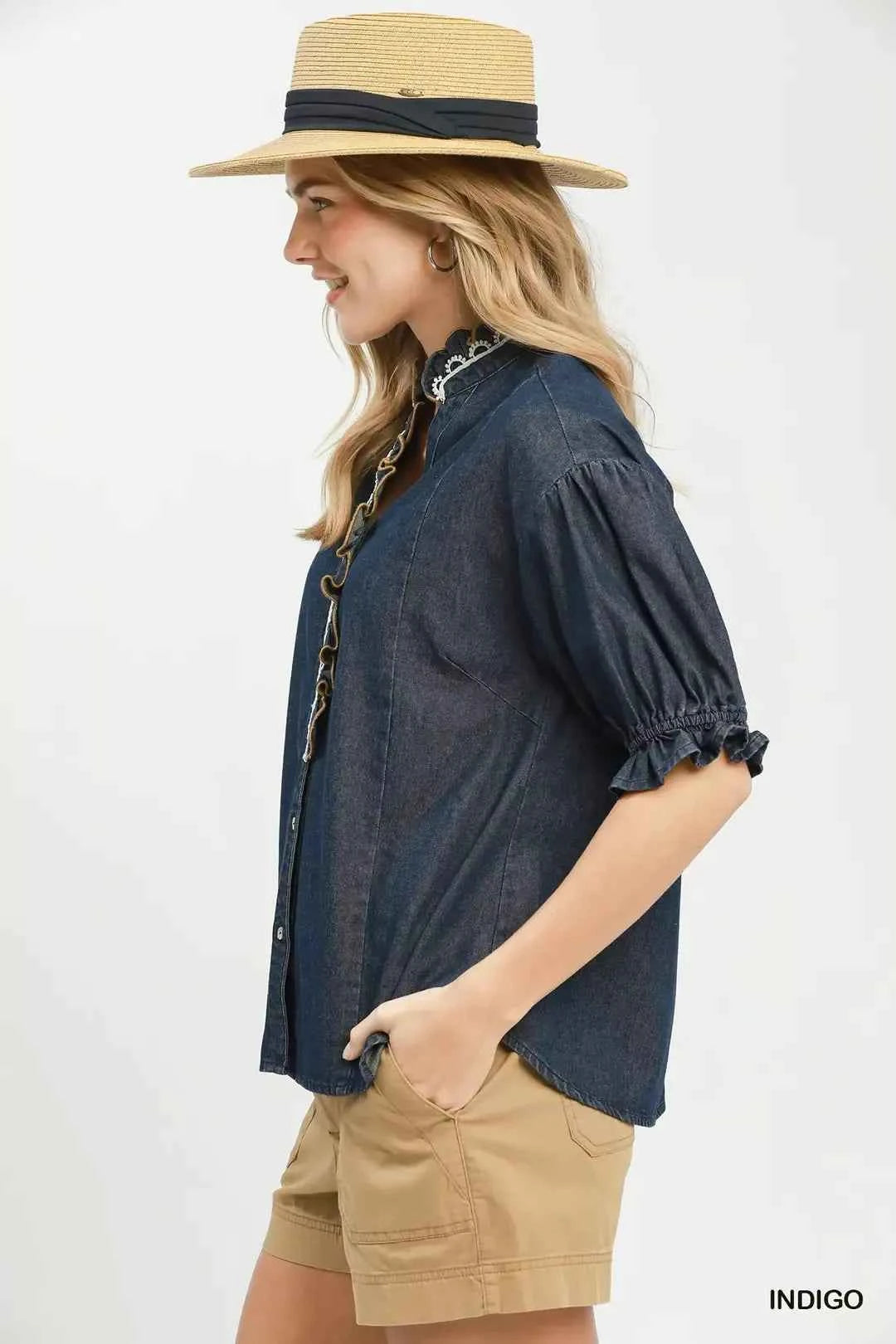 Umgee Chambray Scalloped Trim Button Front Blouse