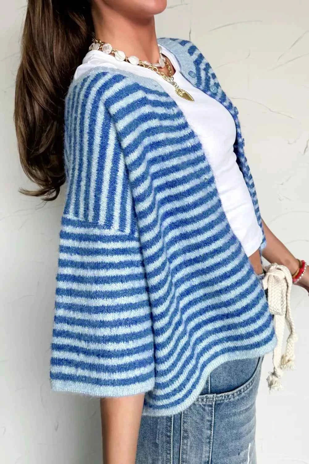 Stripe Loose Half Sleeve Knit Button Down Sweater Cardigan