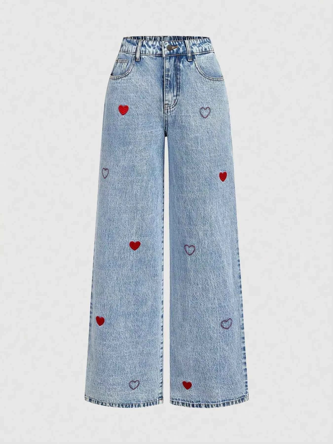 Embroidered Heart Wide-Leg Jeans