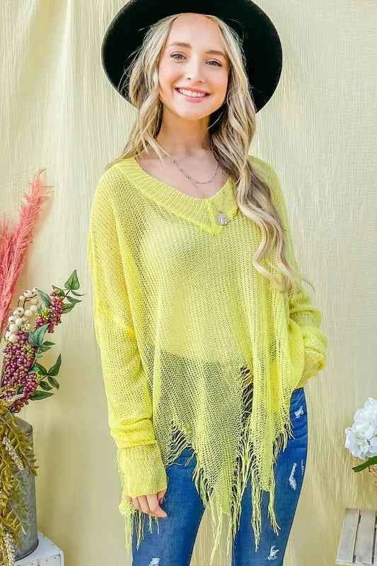 And The Why Distressed Mesh V Neck Spring Sweater Cover Up