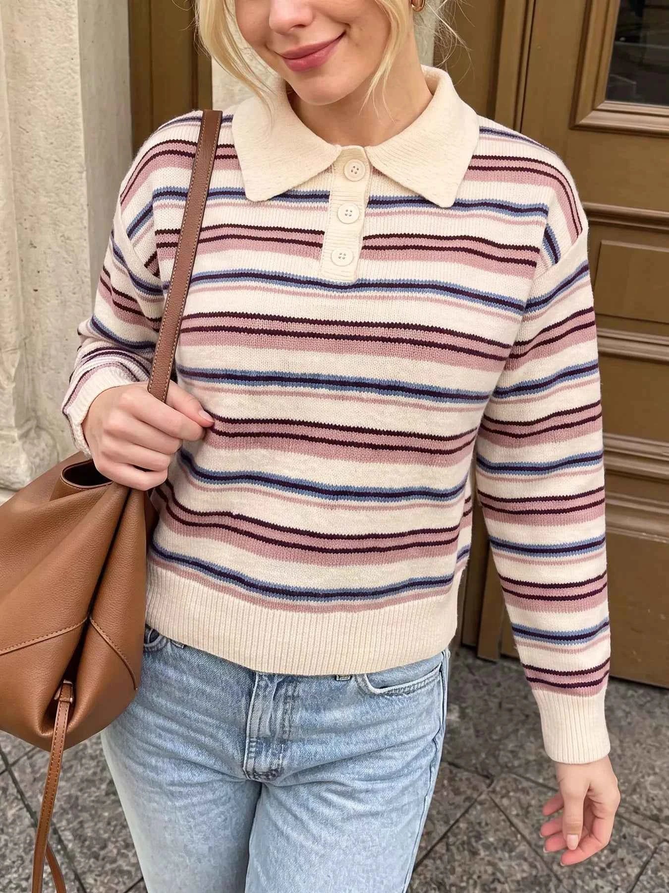 Striped Polo Collar Sweater