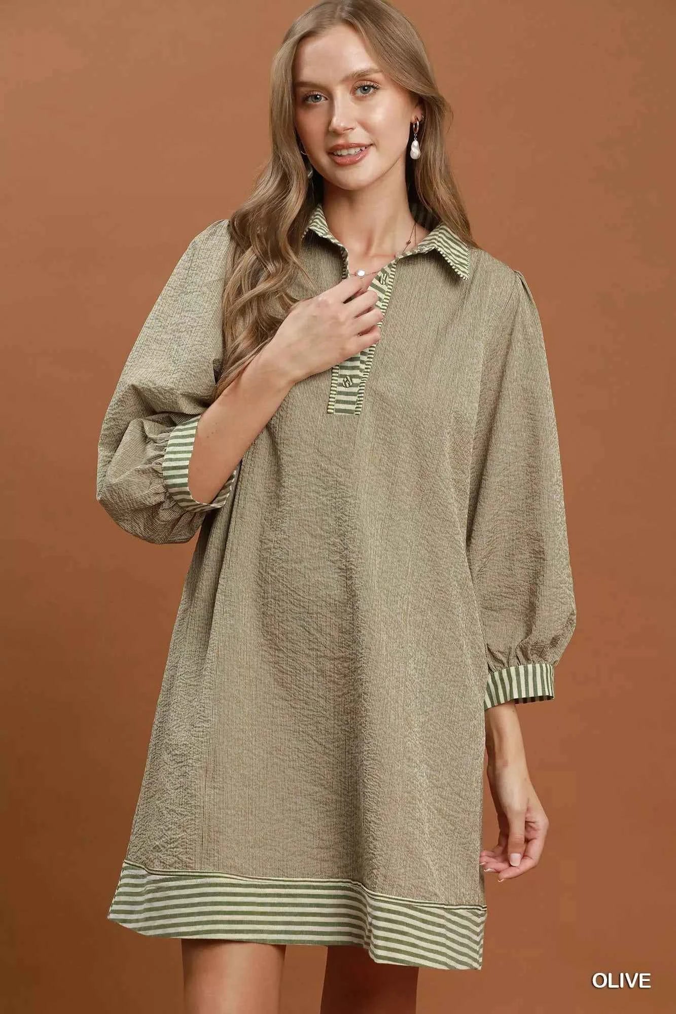 Umgee Striped Contrast Belted Puff Sleeve Mini Dress