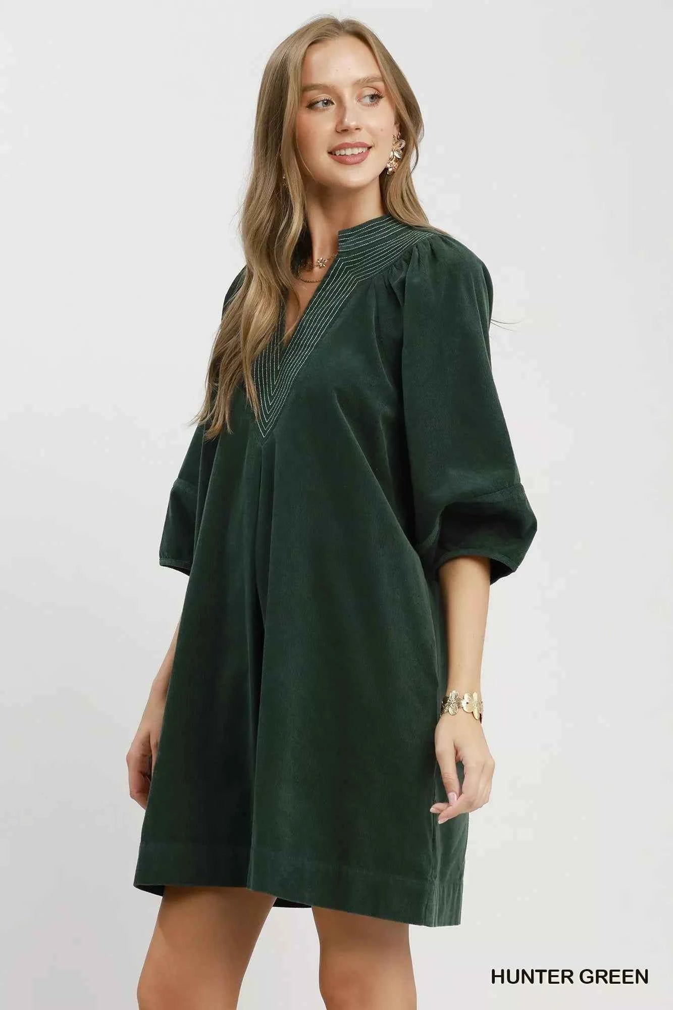 Umgee Corduroy V-Neck Puff Sleeve Shift Dress with Pockets