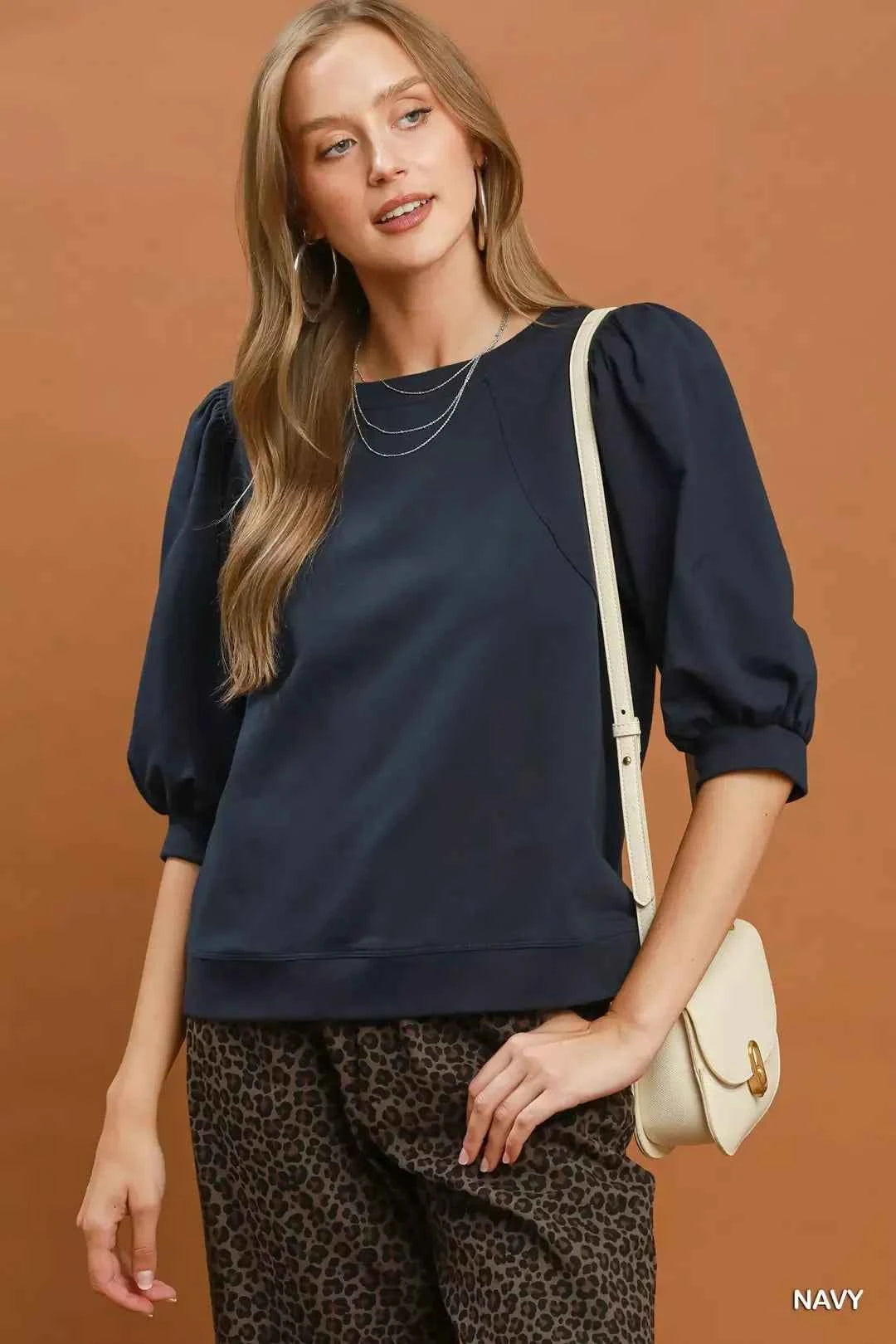 Umgee Puff Sleeve Round Neck Sweatshirt
