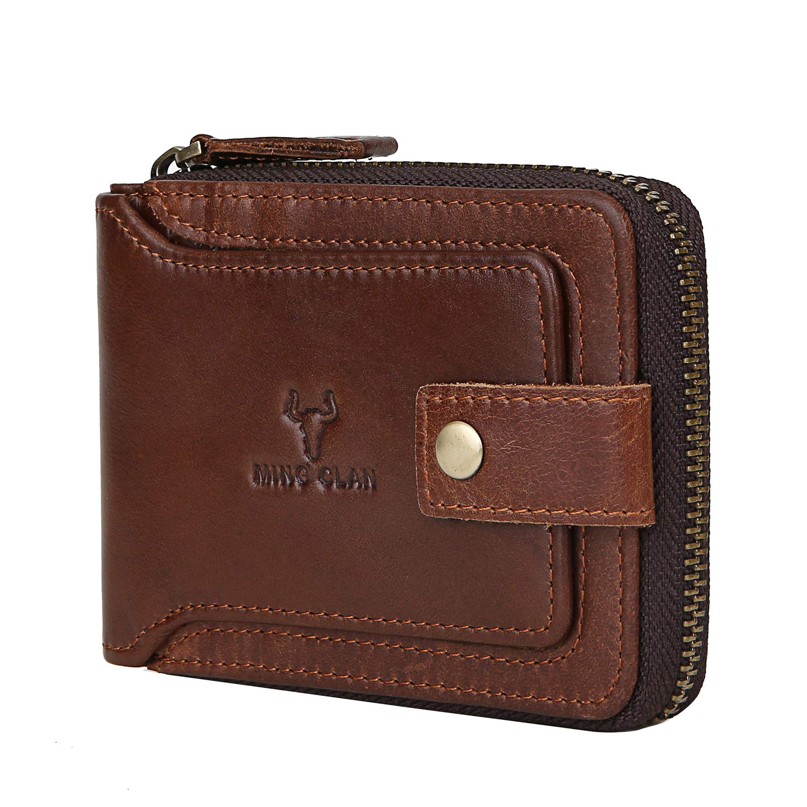 RFID Blocking Leather Wallet for Men - MING CLAN Brown Zipper Bifold Wallet with Flap ID Window & Large Capacity - Amaryllisstores