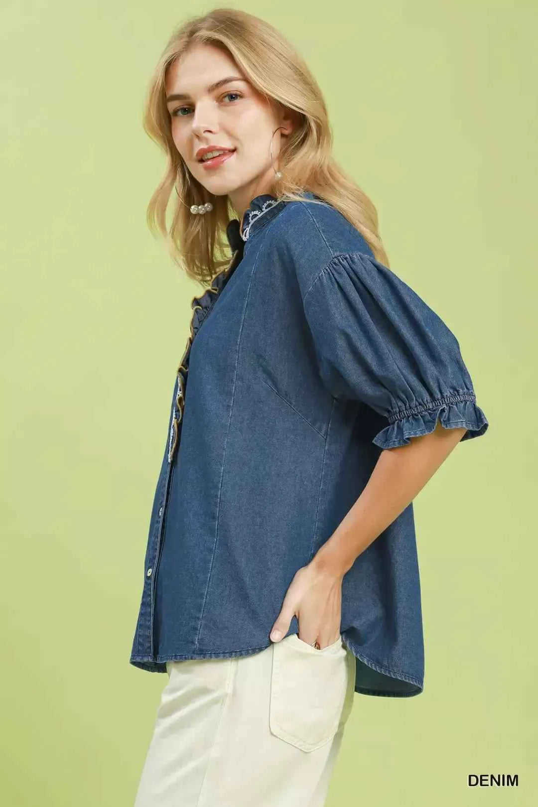 Umgee Chambray Scalloped Trim Button Front Blouse