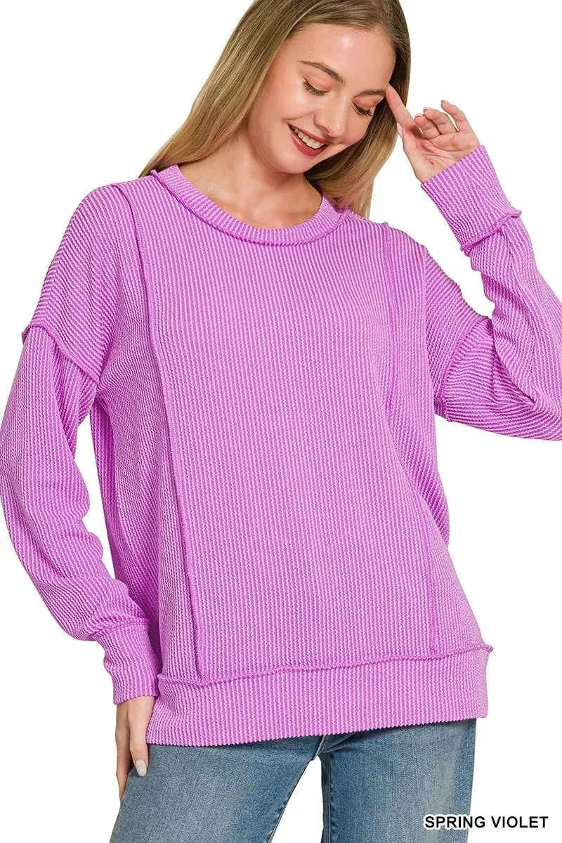 Zenana Corded Rib Long Sleeve Round Neck Top