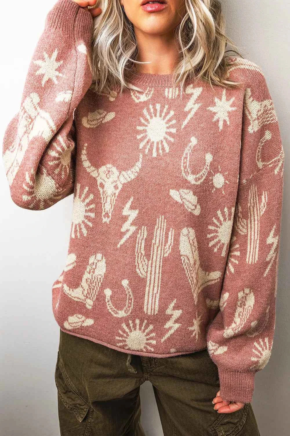 Western Graphic Round Neck Sweater