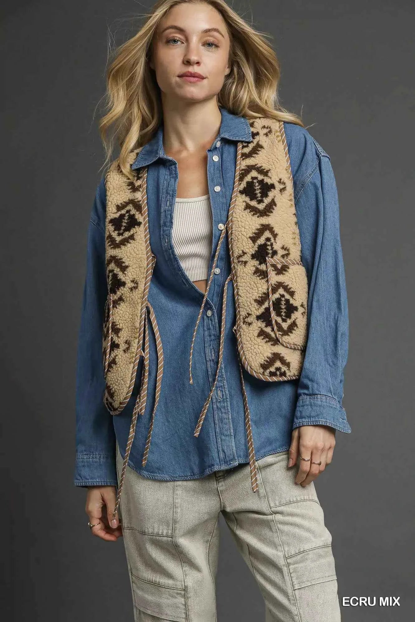 Umgee Mix Patterned Sherpa Tie-Front Vest