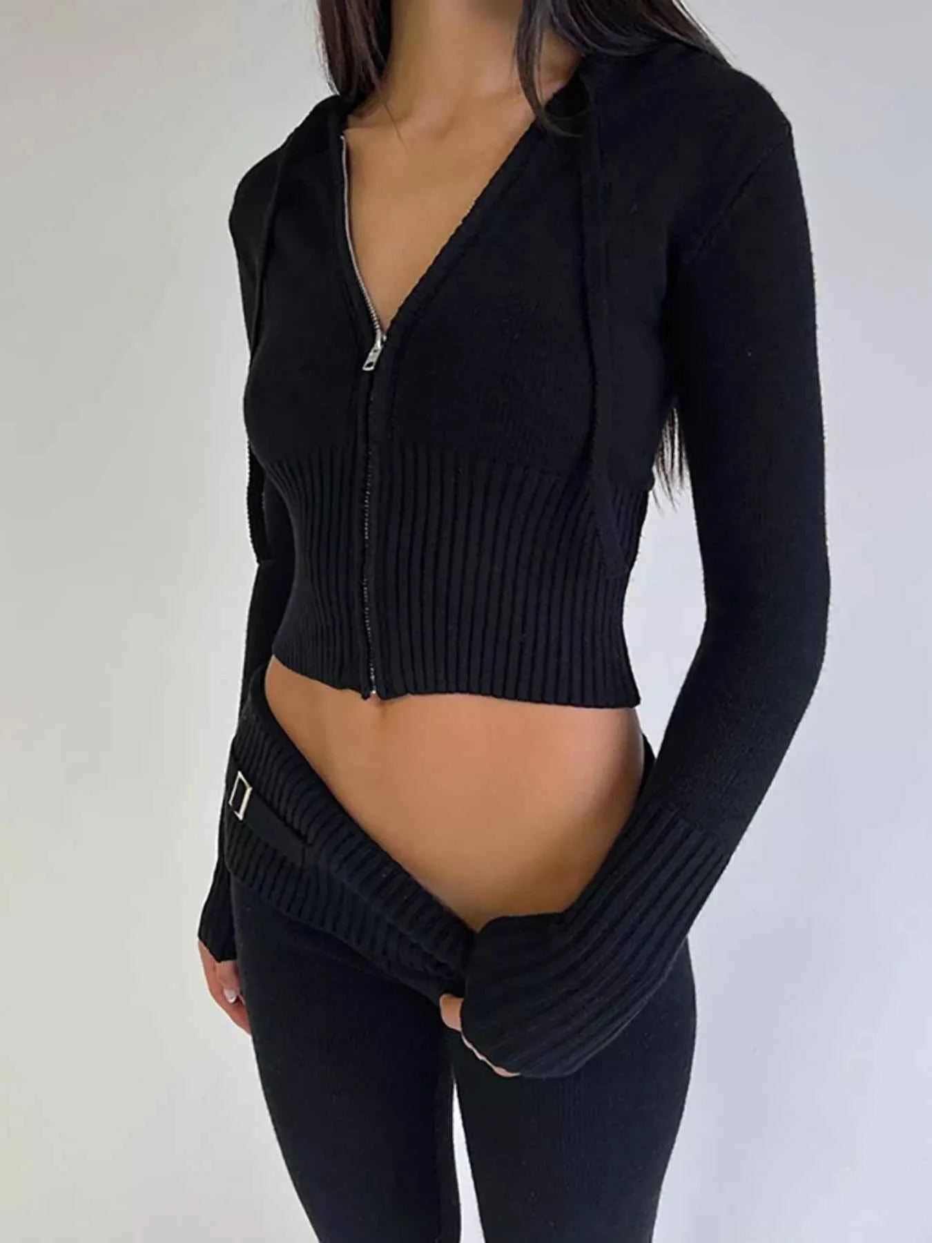 Zip Up Hooded Cardigan and Pants Sweater Set
