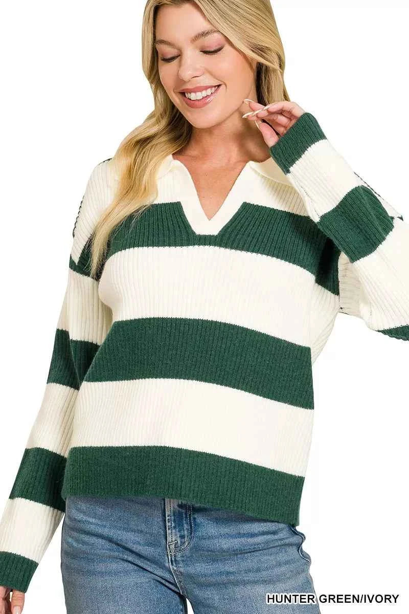 Zenana Striped Collared Sweater