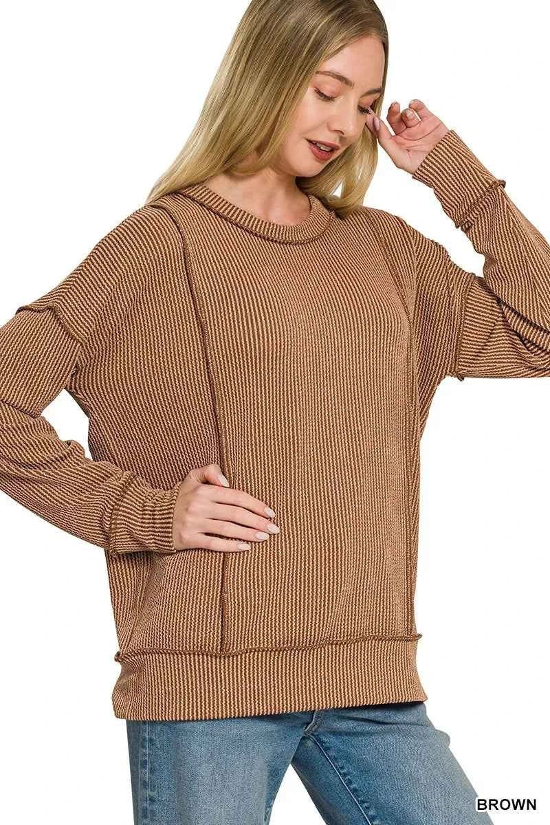 Zenana Corded Rib Long Sleeve Round Neck Top