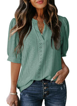 Dokotoo Summer Outfits Tops for Women Trendy 2025 Business Casual Blouses V Neck Puff Short Sleeve Shirts Hollow Out Lace Tops Solid Color Blouse Cruise Outfits for Women Clothes Mist Green 2XL