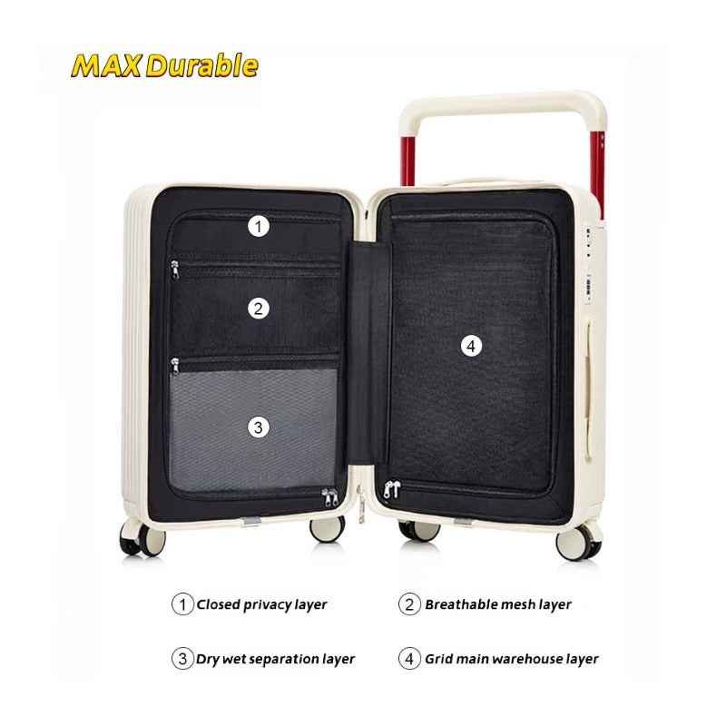 Wide Pull Rod Design Luggage Compartment, Front Open Lid, Stylish Large Capacity Luggage With Foldable Cup Holder And USB Interface