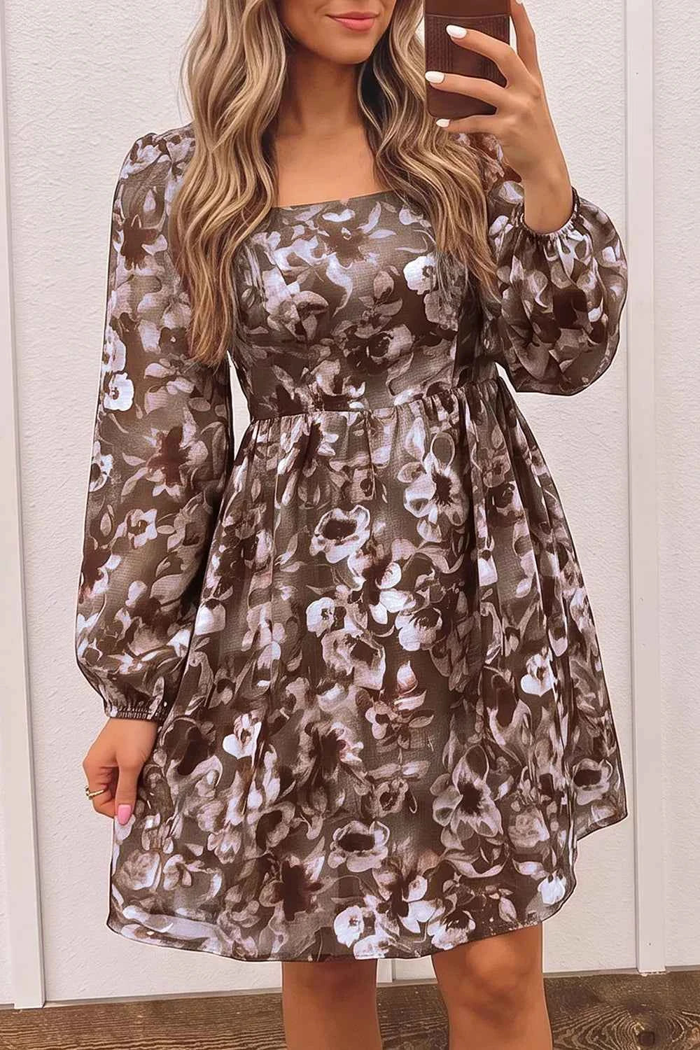Abstract Floral Print Square Neck Long Sleeve Mini Shift Dress