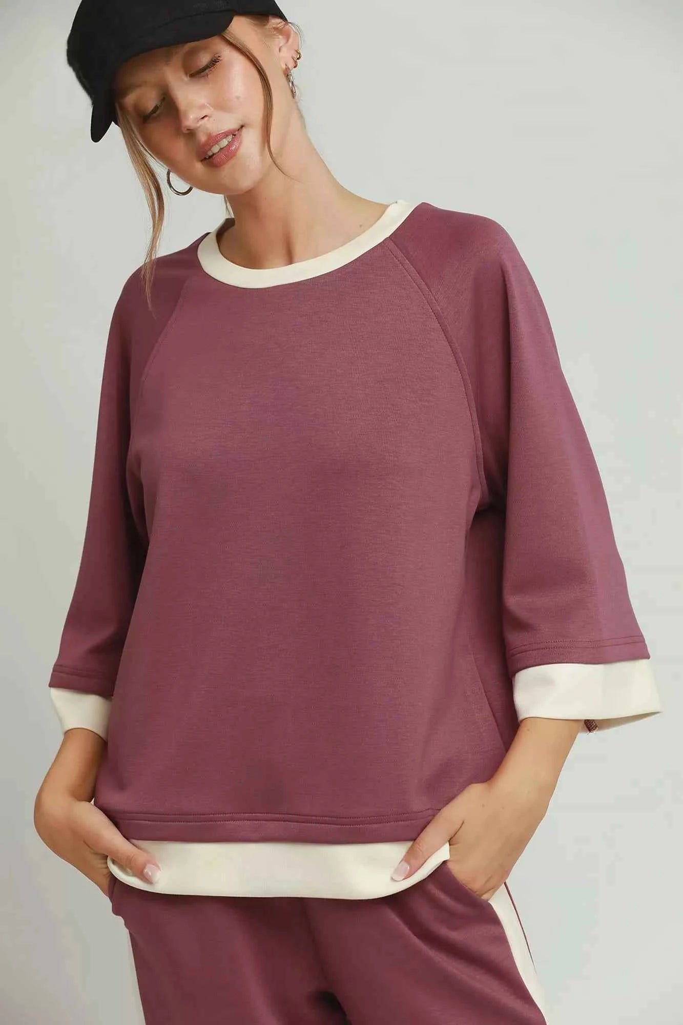 Umgee Colorblock Crewneck Raglan Sleeve Top