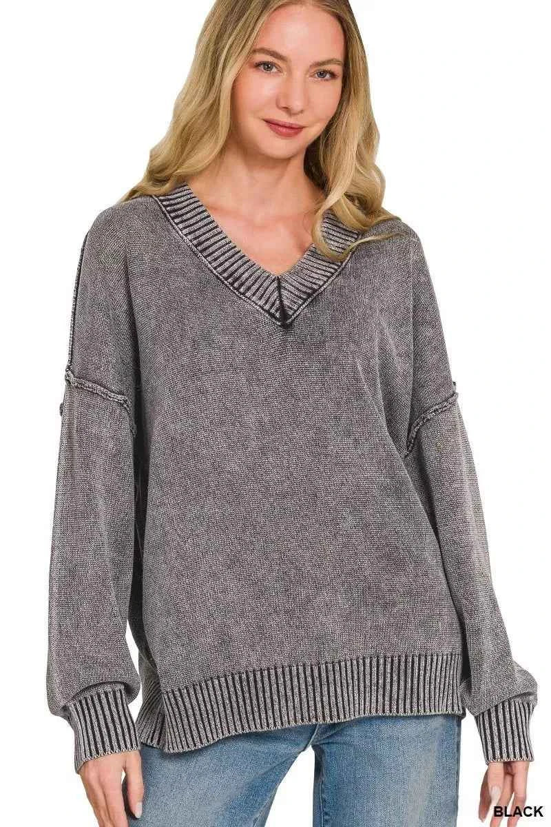Zenana Washed Deep V-neck Oversized Sweater