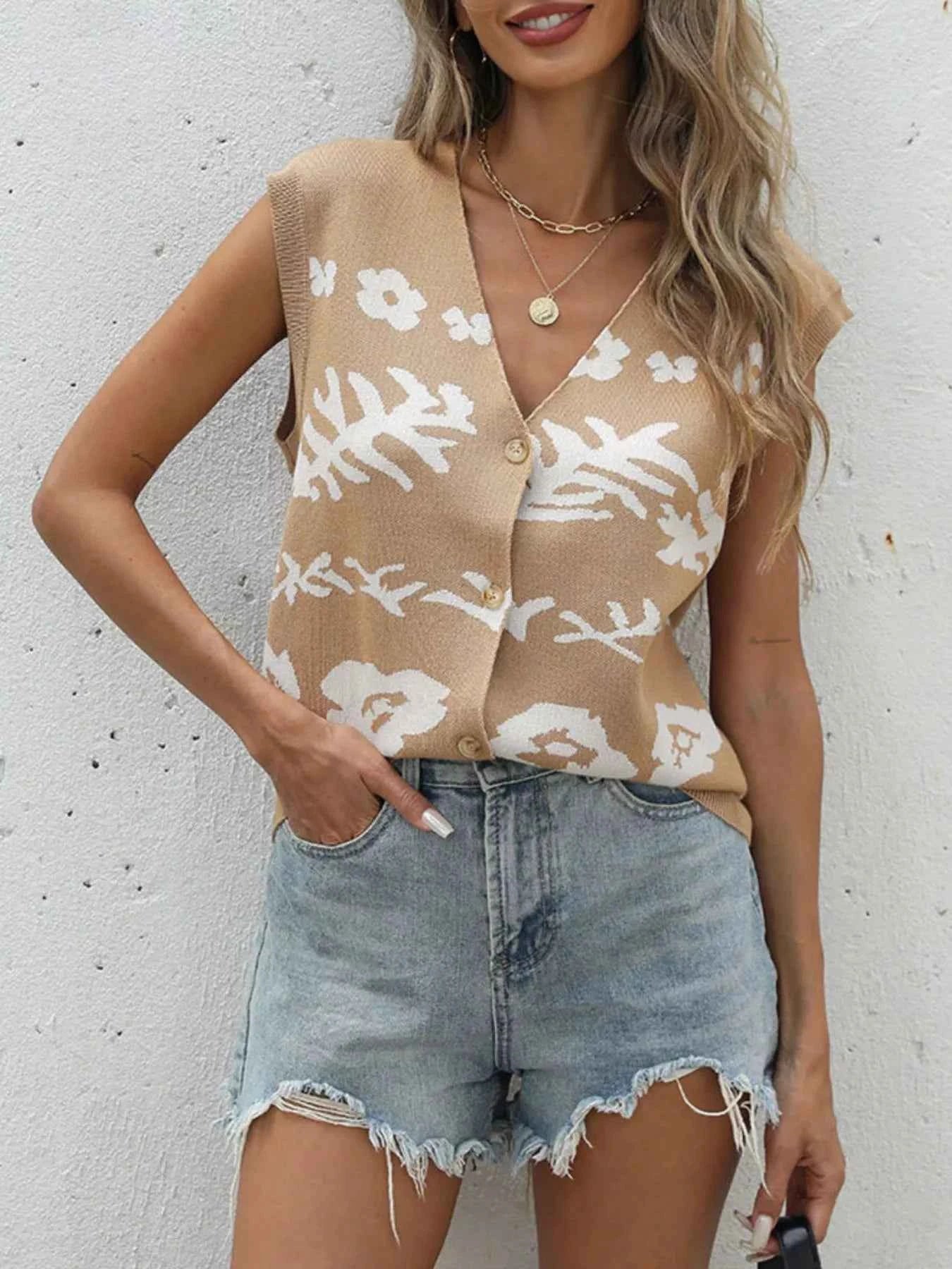 Floral V-Neck Cap Sleeve Cardigan