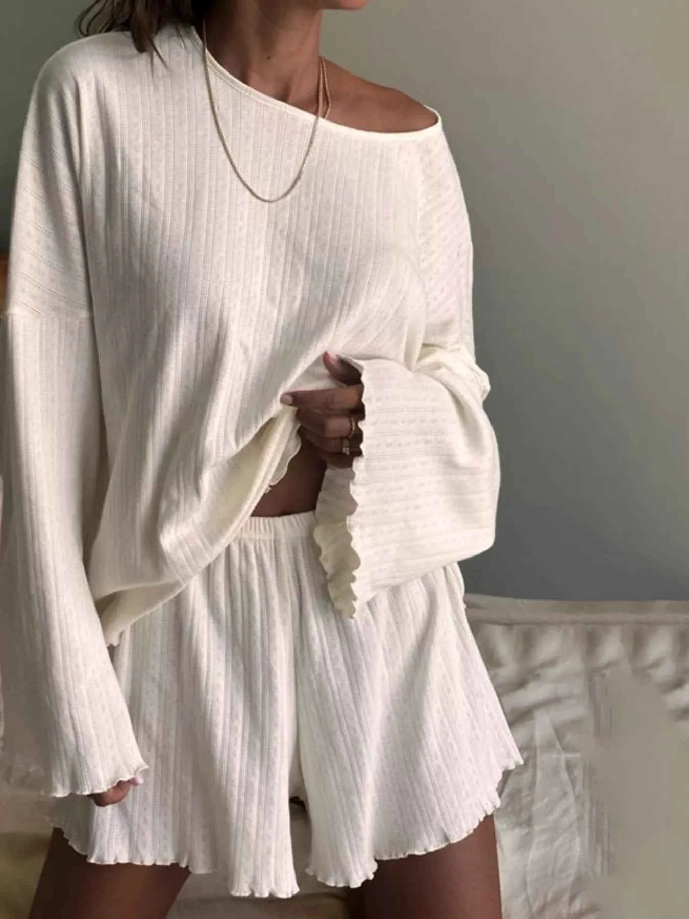 Ribbed Knit Long Sleeve Top and Shorts Lounge Set